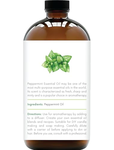 Peppermint essential oil 16 oz glass bottle close-up