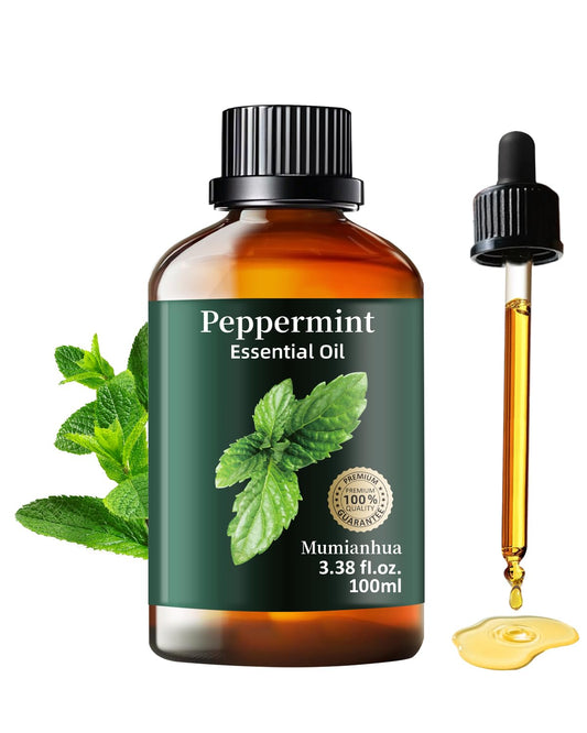 Bottle of peppermint essential oil (3.38 fl oz) steam-distilled from Mentha piperita leaves.