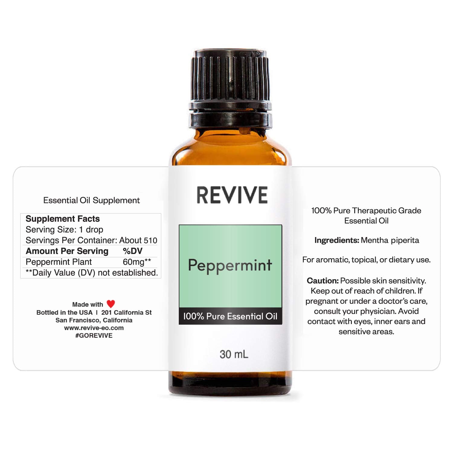 Close-up of peppermint essential oil bottle 30mL
