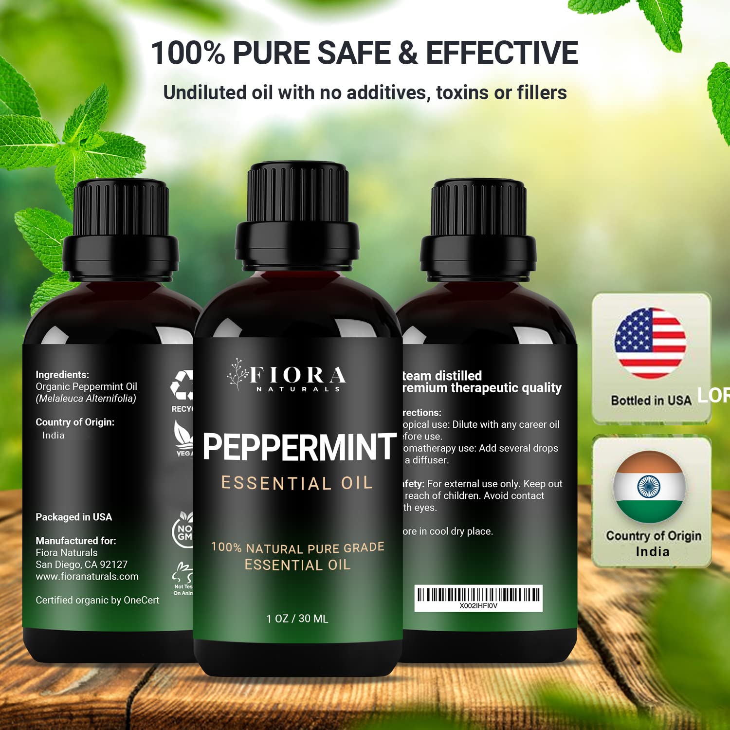 Steam-distilled peppermint essential oil close-up bottle
