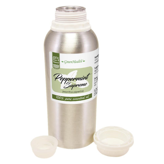 Aluminum bottle close-up of peppermint essential oil with plug cap