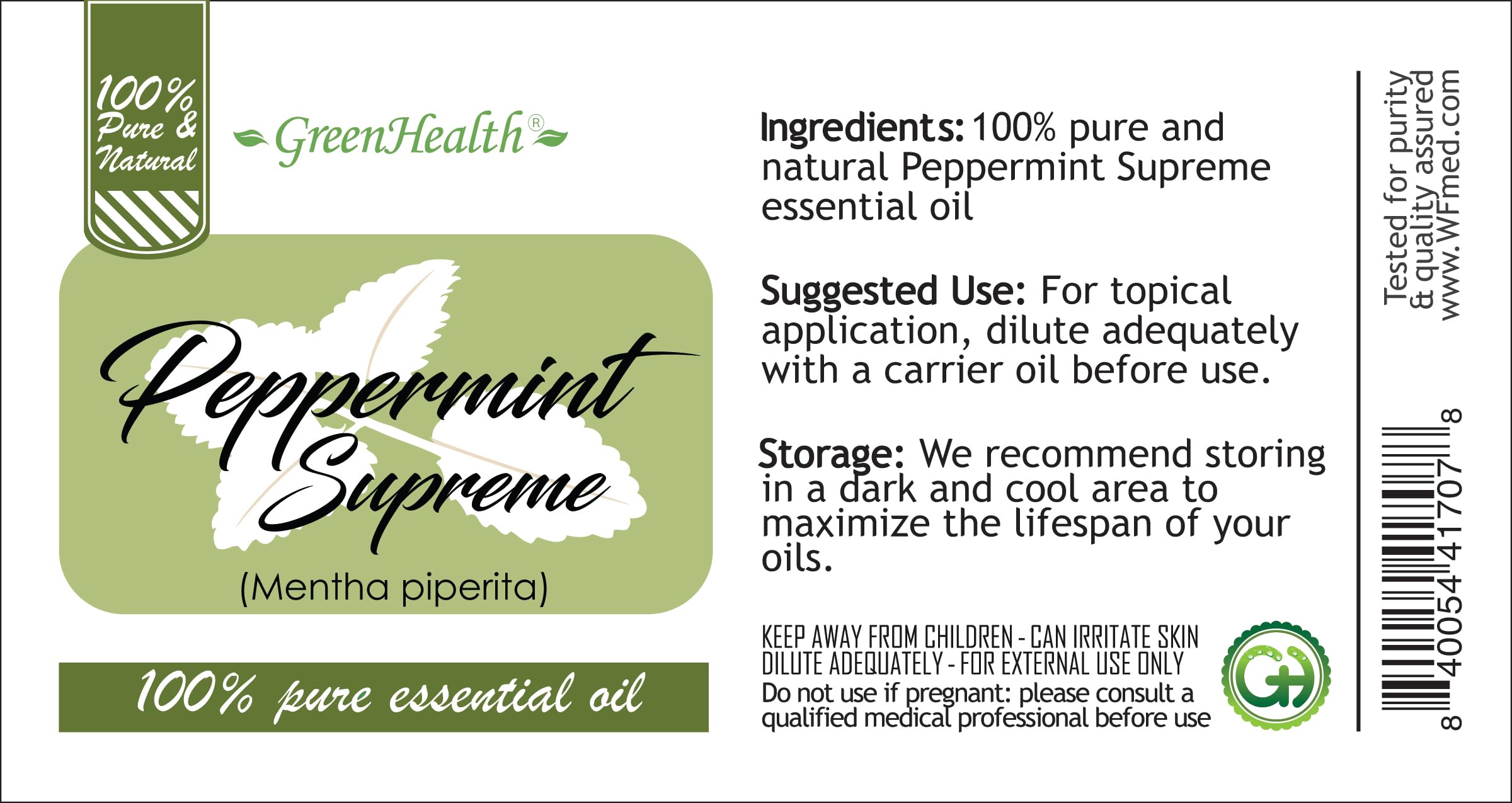 Peppermint essential oil bottle label detail