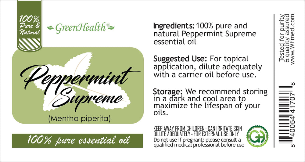 Peppermint essential oil bottle label detail