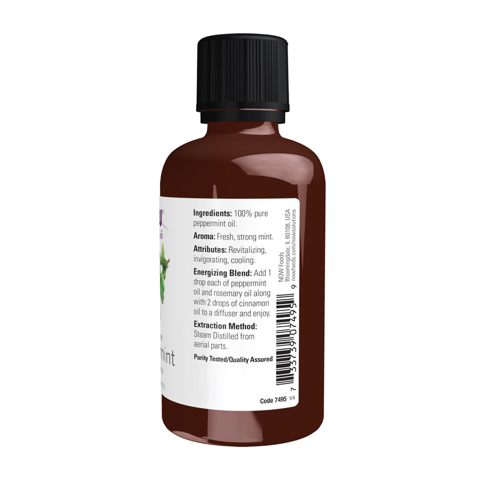 Close-up of peppermint oil bottle with child resistant cap