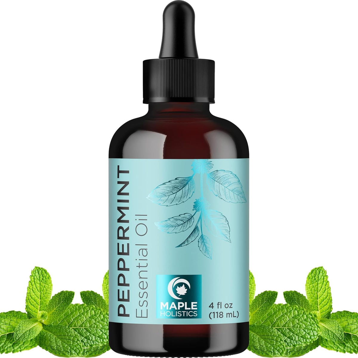 Peppermint essential oil bottle with dropper for diffuser aromatherapy
