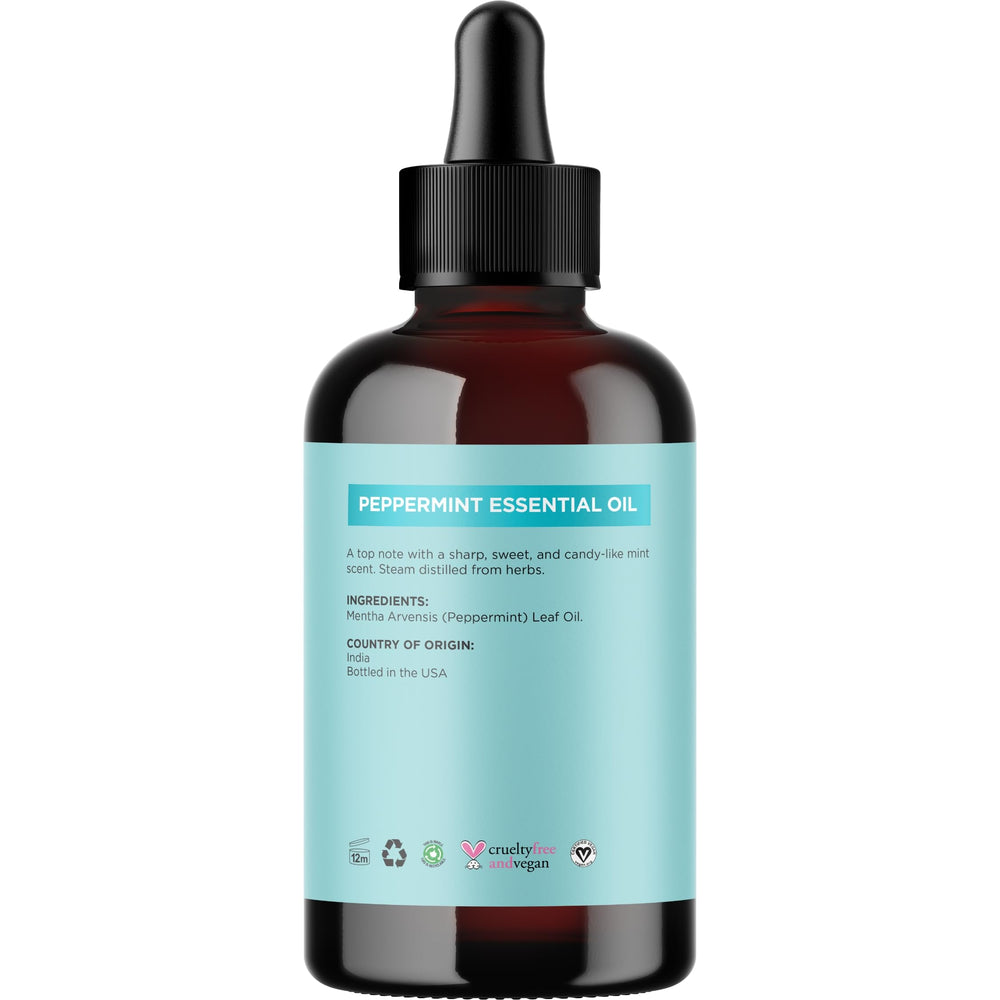 Label showing purity and ingredients on peppermint essential oil