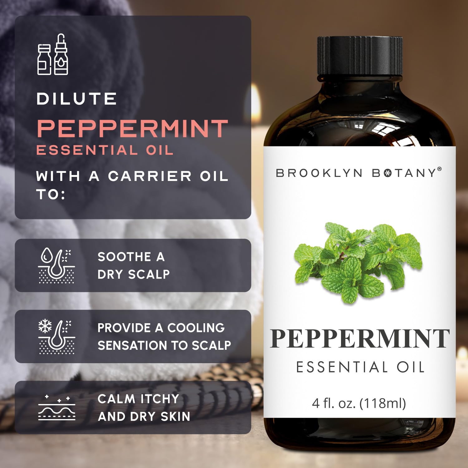 Close-up of peppermint oil bottle