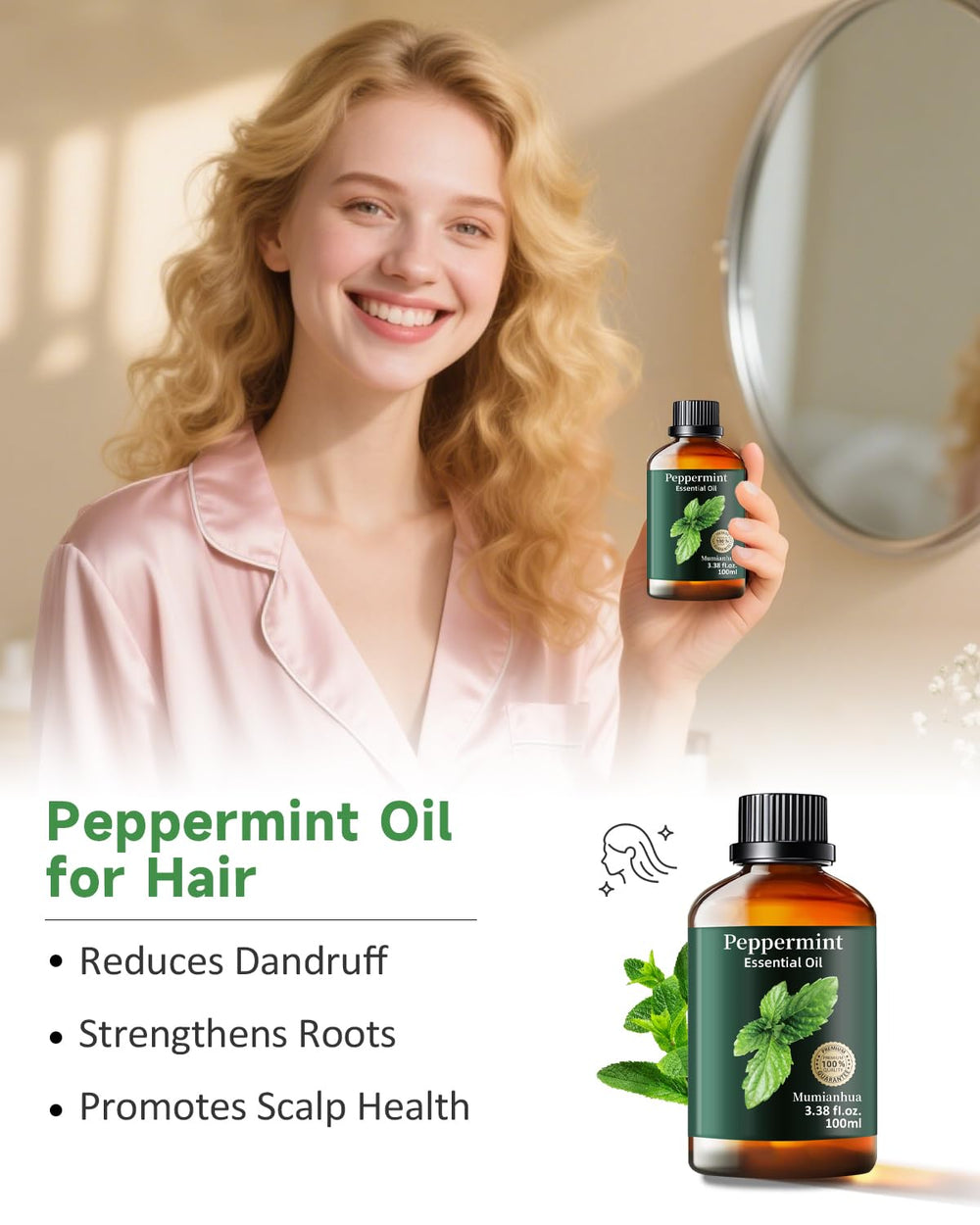 Peppermint oil added to shampoo or conditioner for scalp refreshment.