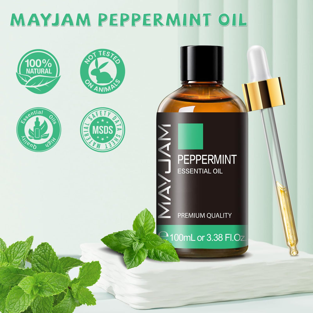 Peppermint essential oil packaging in amber bottle with cap