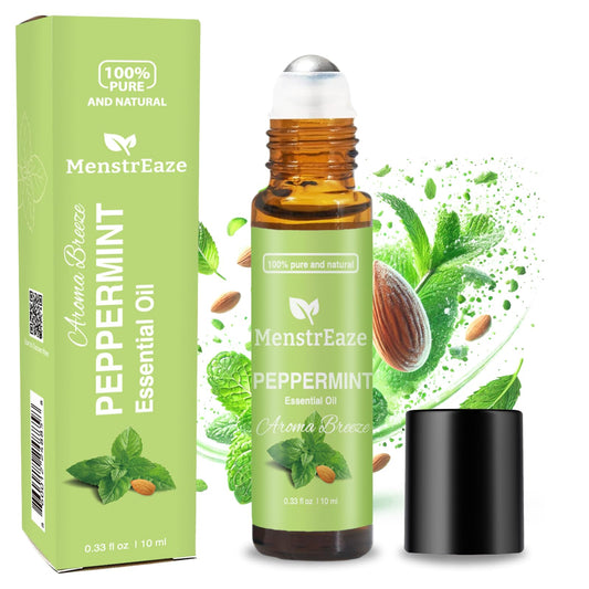 Peppermint essential oil roll-on bottle with stainless steel rollerball