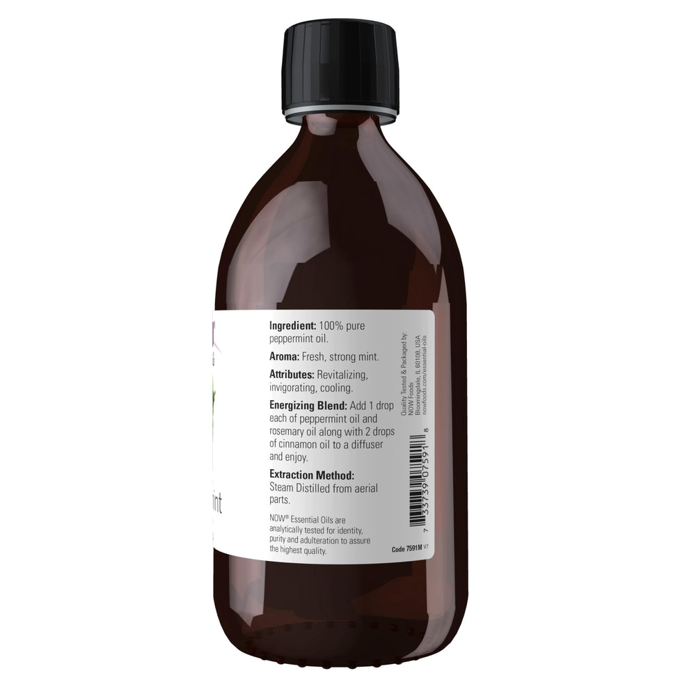 NOW Essential Oils Peppermint Oil label close-up