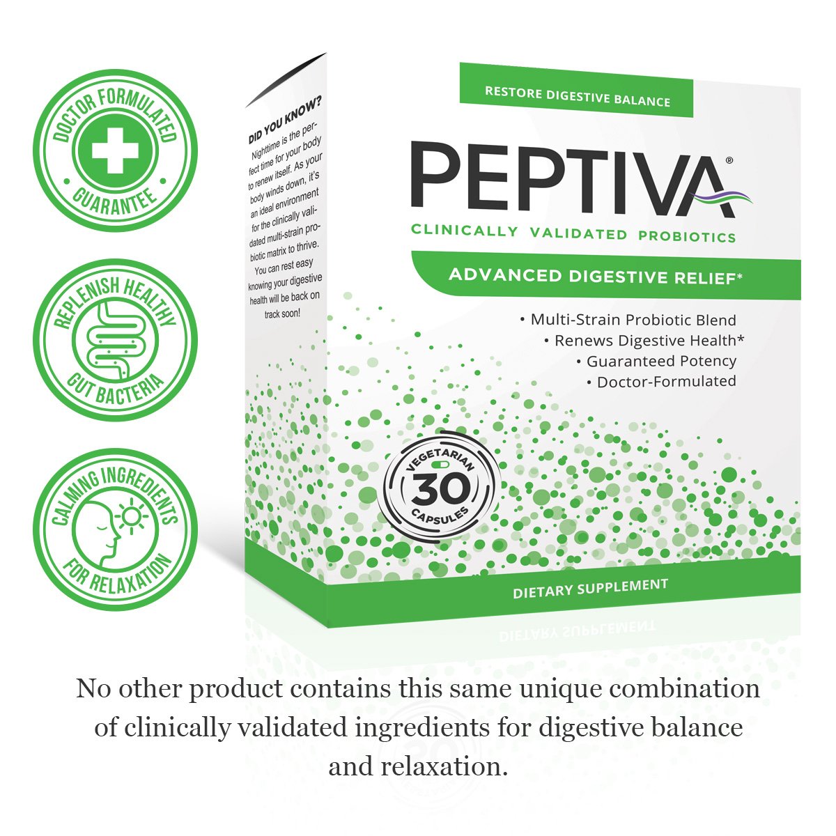 Close-up of Peptiva capsules showing 50B CFU potency