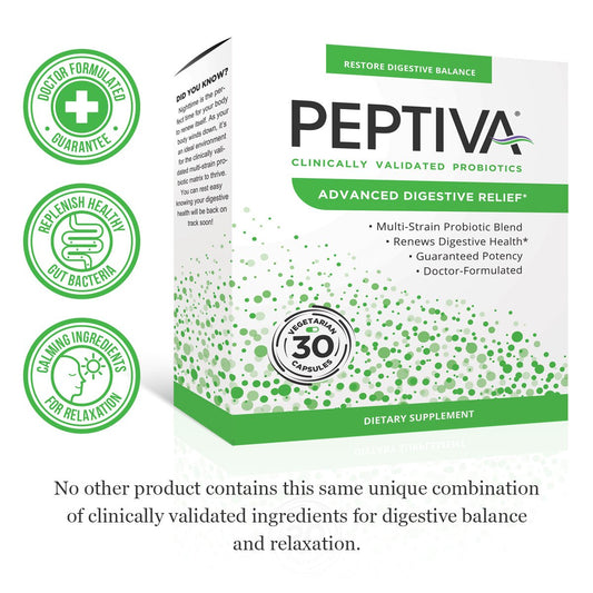 Close-up of Peptiva capsules showing 50B CFU potency