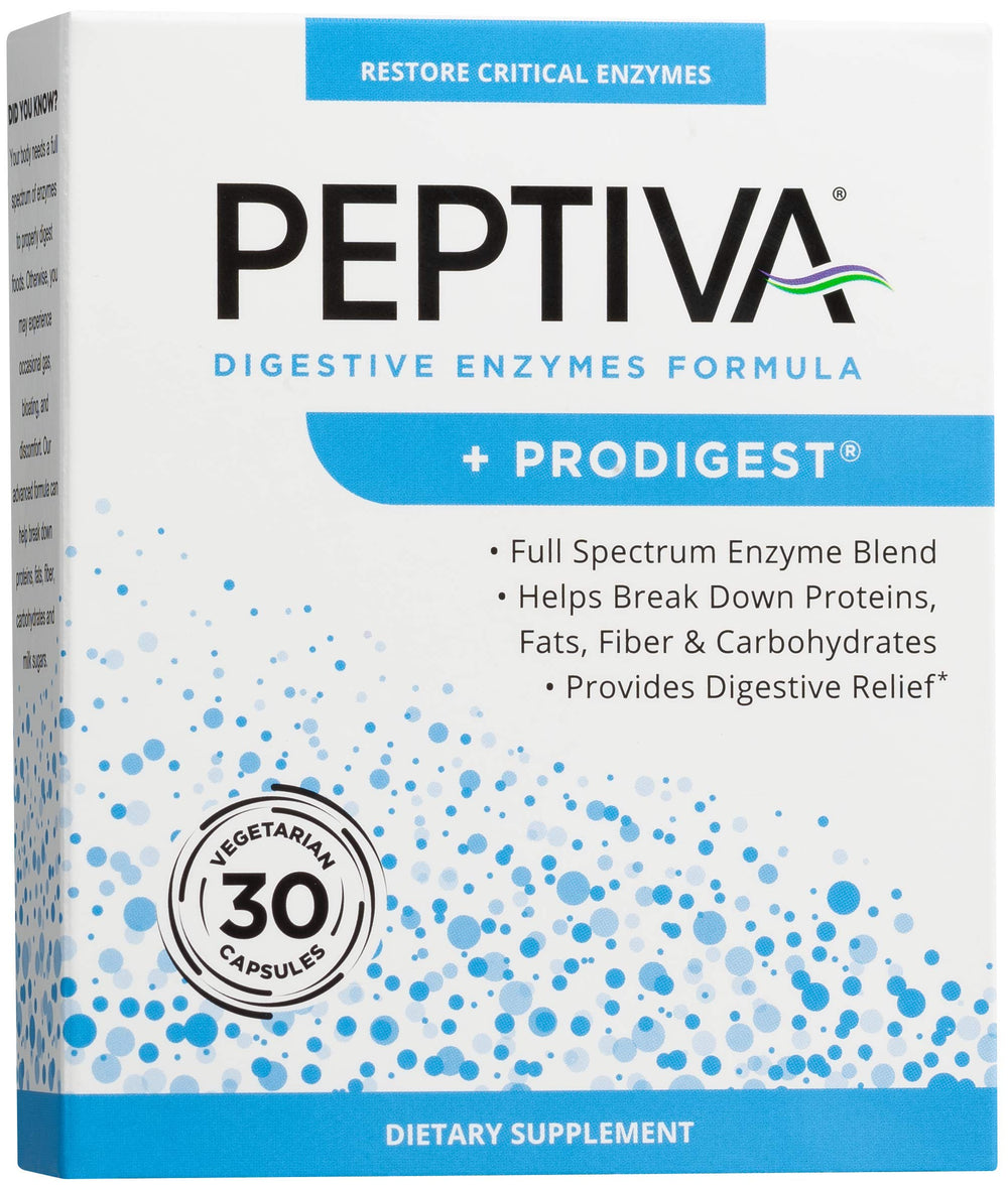 Front view of Peptiva Digestive Enzymes + Prodigest bottle (30 count)