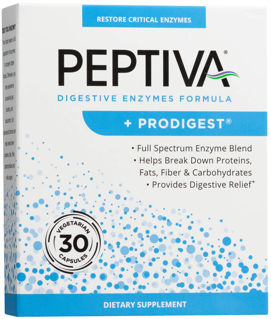 Front view of Peptiva Digestive Enzymes + Prodigest bottle (30 count)