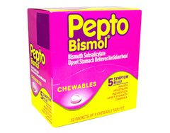Pepto-Bismol chewables dispenser box offers on-the-go stomach comfort.