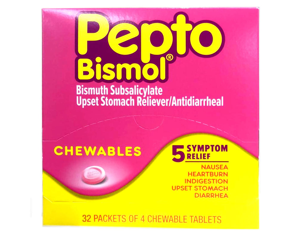 Pepto-Bismol chewables closeup shows quick-dissolve tablets for fast relief.