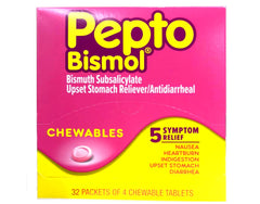 Pepto-Bismol chewables closeup shows quick-dissolve tablets for fast relief.