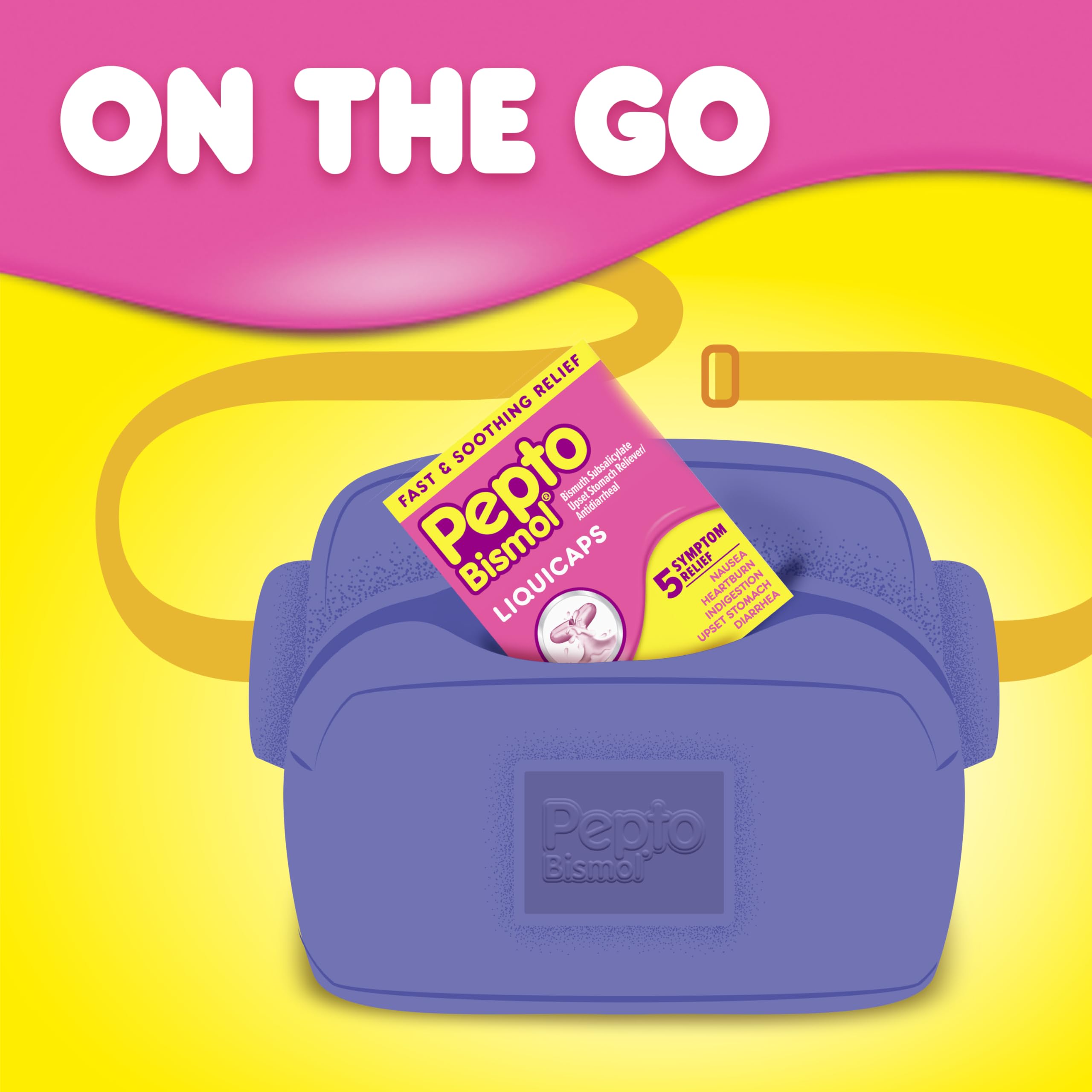 Pepto Bismol Liquicaps 48 capsules illustration emphasizes quantity and convenience.