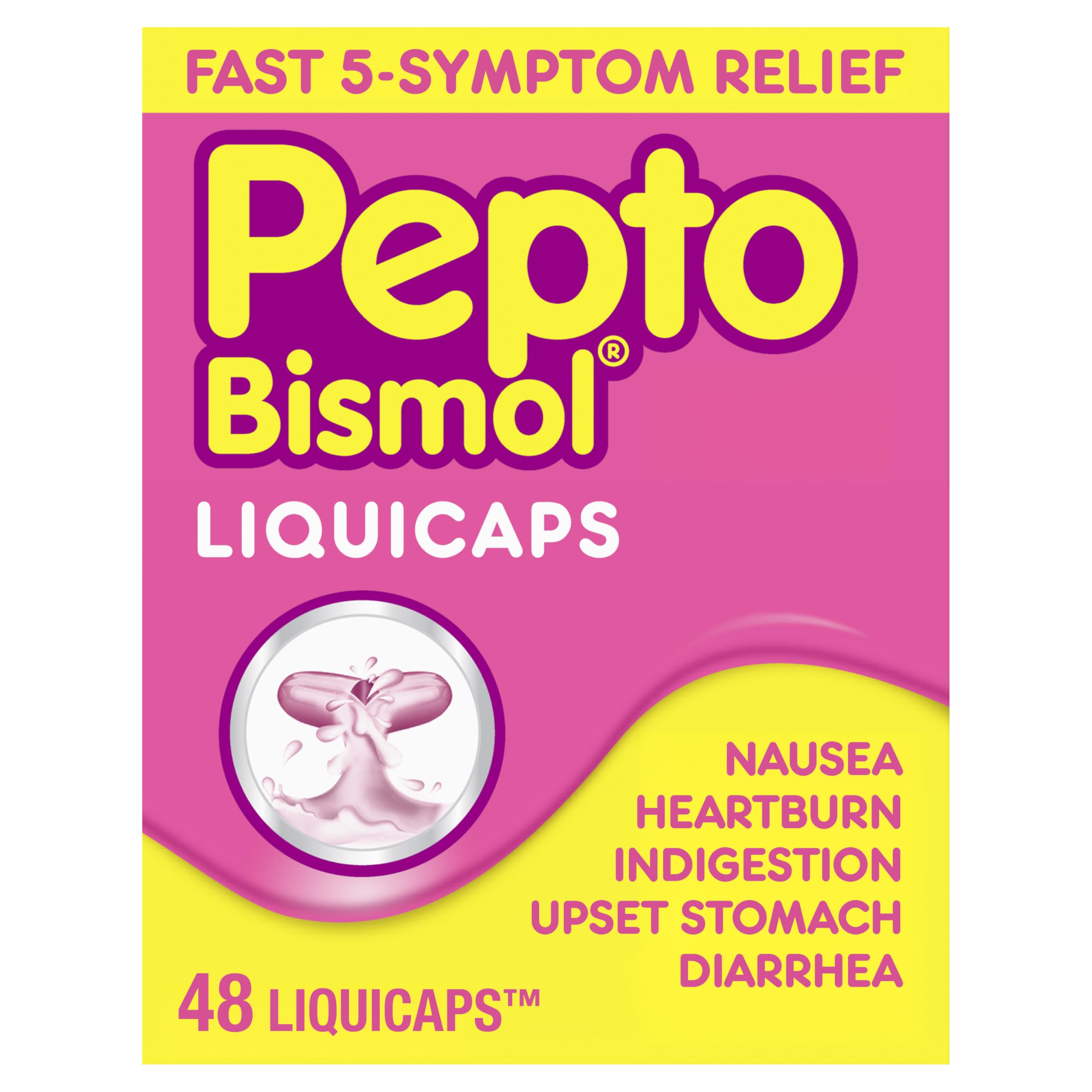 Pepto Bismol Liquicaps bottle front offers fast relief from multiple upset stomach symptoms.