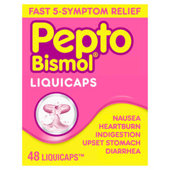 Pepto Bismol Liquicaps bottle front offers fast relief from multiple upset stomach symptoms.