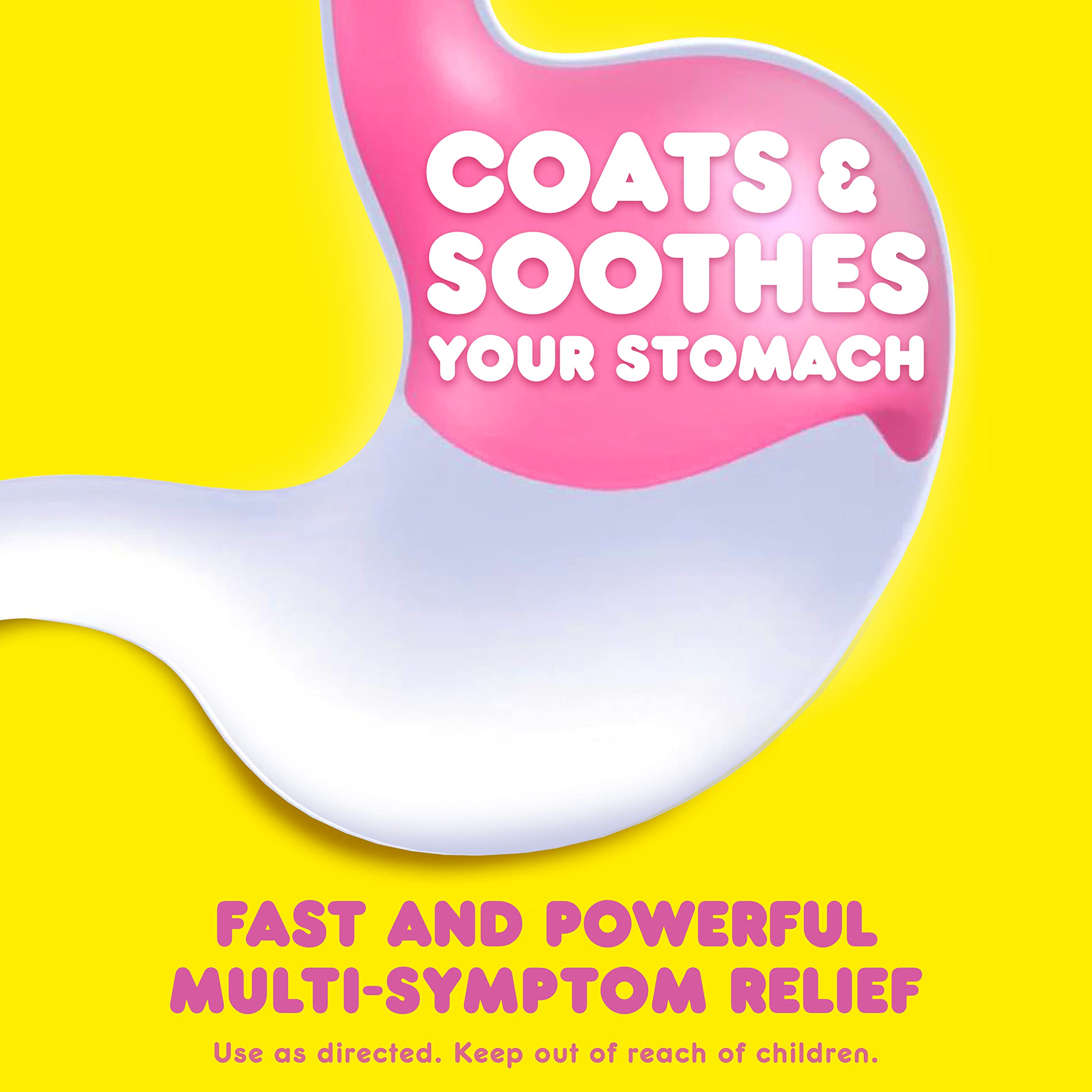 Pepto Bismol Liquicaps bottle label highlights multi-symptom relief and pharmacist endorsement.