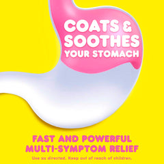 Pepto Bismol Liquicaps bottle label highlights multi-symptom relief and pharmacist endorsement.