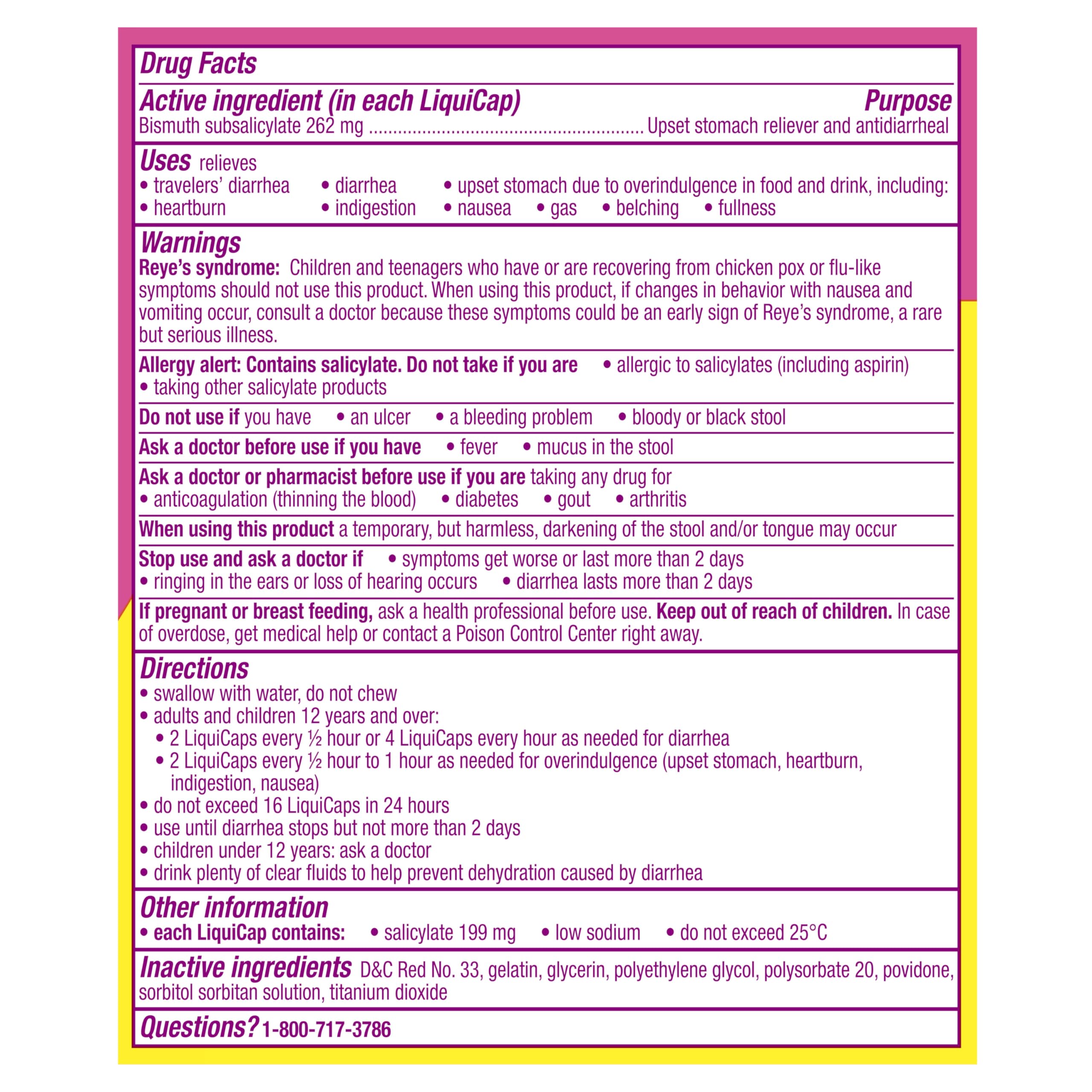 Pepto Bismol Liquicaps on-shelf display communicates trusted brand and multi-symptom relief.