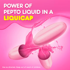 Pepto Bismol Liquicaps packaging box conveys on-the-go digestive support.