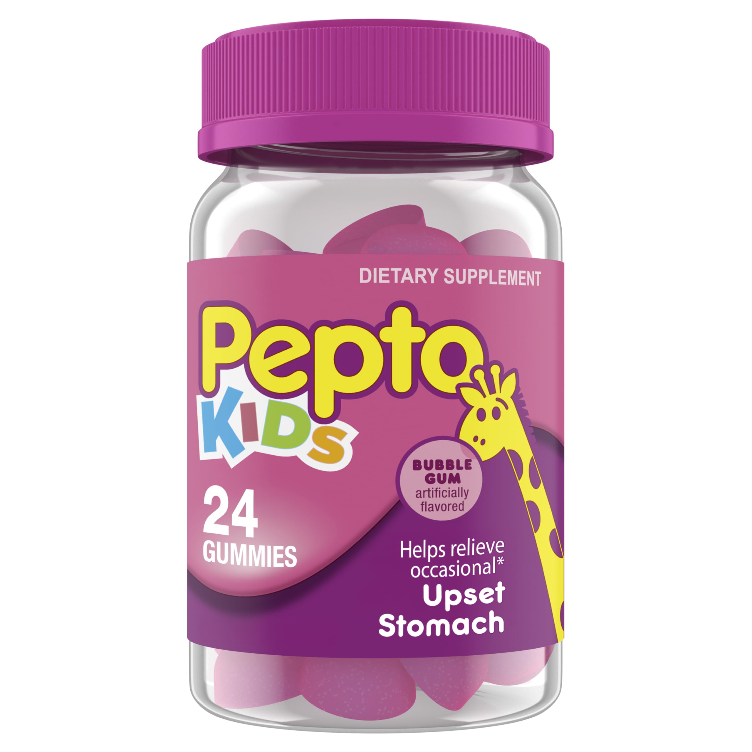 Pepto Kids Gummies bottle front with bubblegum flavor for kid-friendly stomach comfort