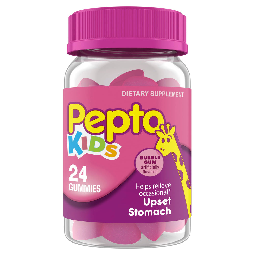 Pepto Kids Gummies bottle front with bubblegum flavor for kid-friendly stomach comfort