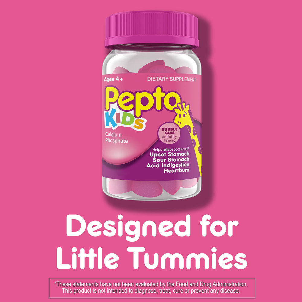Pepto Kids Gummies bubblegum-flavor product image highlighting easy, tasty stomach comfort