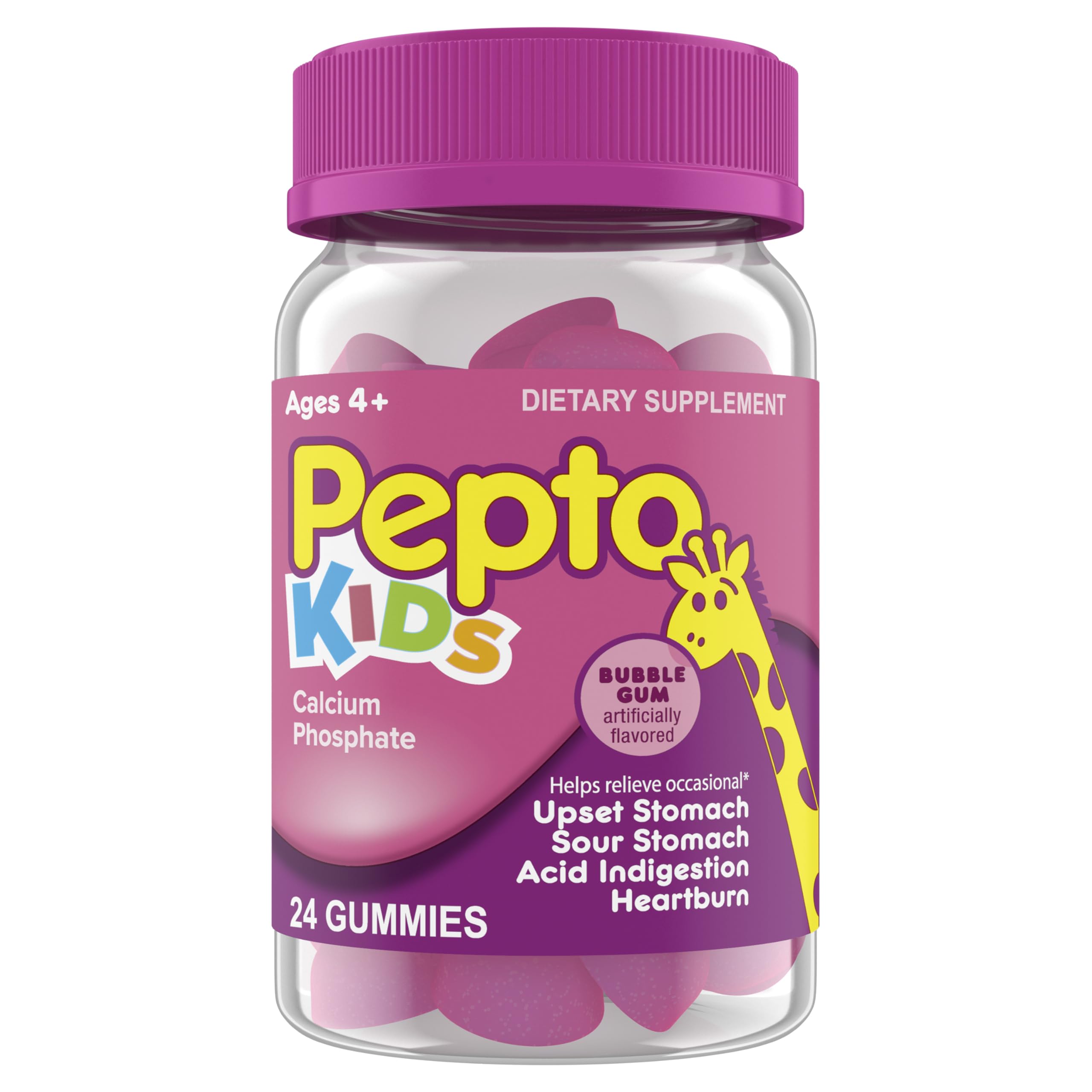 Pepto Kids Gummies shelf display in store, eye-catching kid-friendly relief option