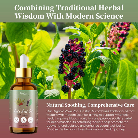 Close-up of Peralpow Poke Root Oil bottle label