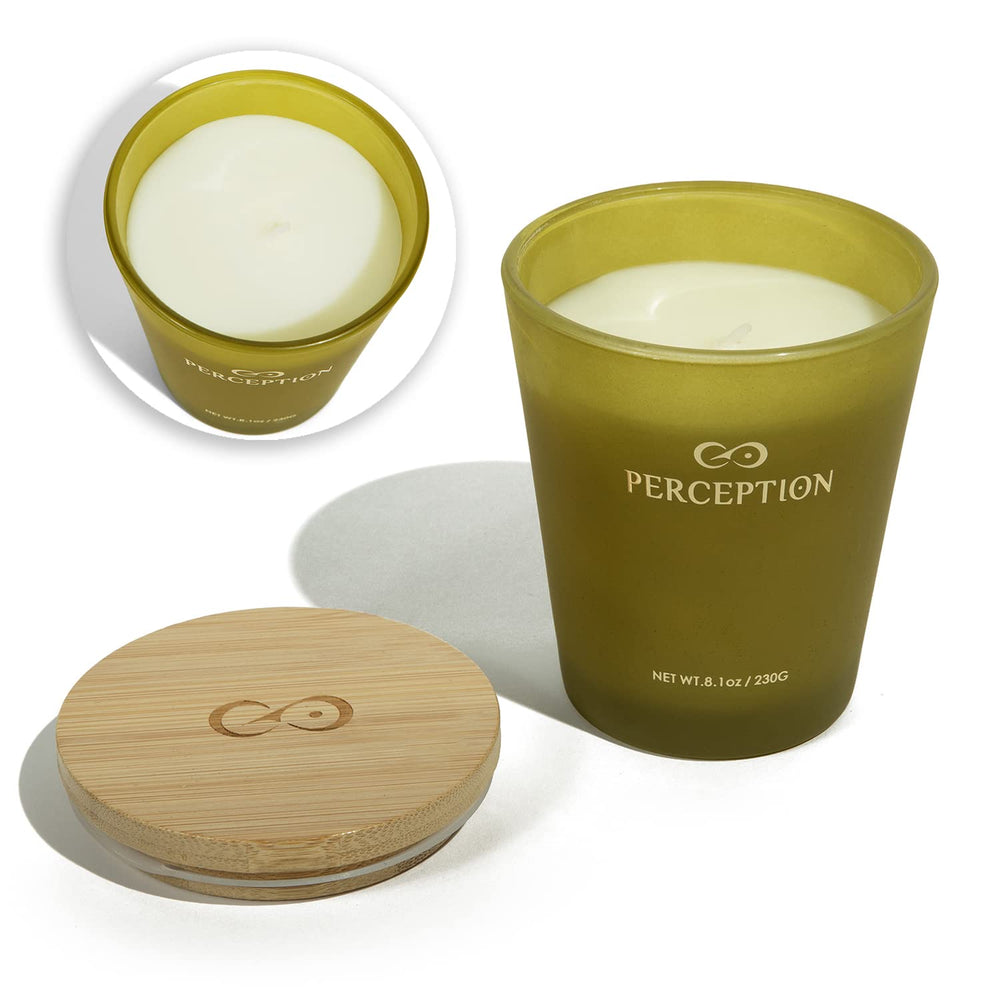 PERCEPTION AROMAS compostable bamboo lid detail emphasizes eco-conscious packaging and freshness.