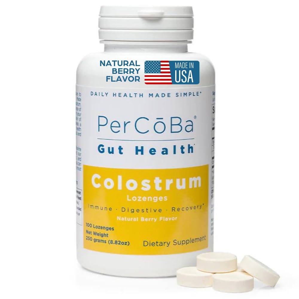Front view of PERCOBA Bovine Colostrum Lozenges Berry 100-count bottle