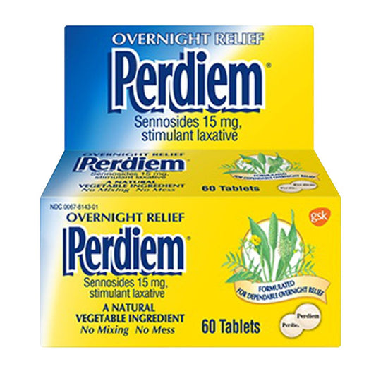 Perdiem Overnight Relief Laxative pills bottle offers gentle overnight ease for occasional constipation