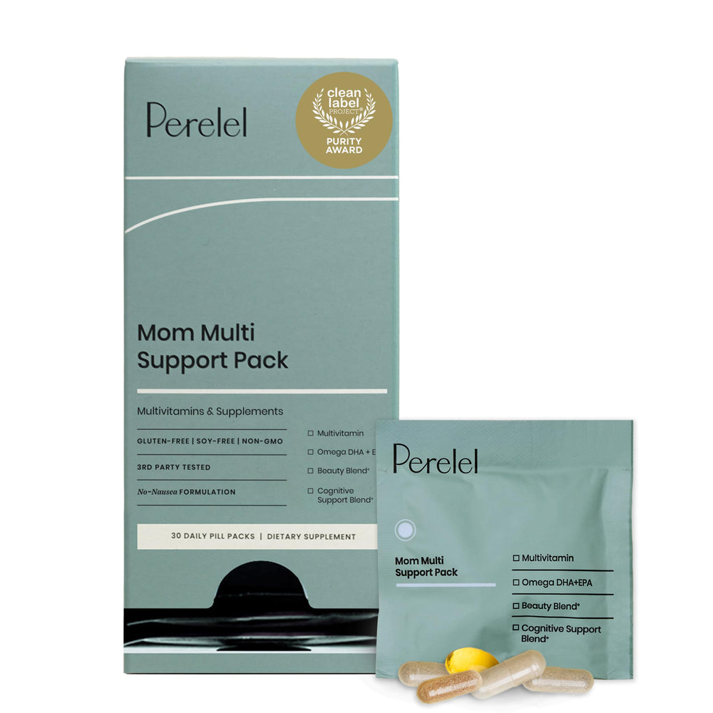 Perelel Mom Multi Pack bottle closeup for postpartum support and everyday wellness.