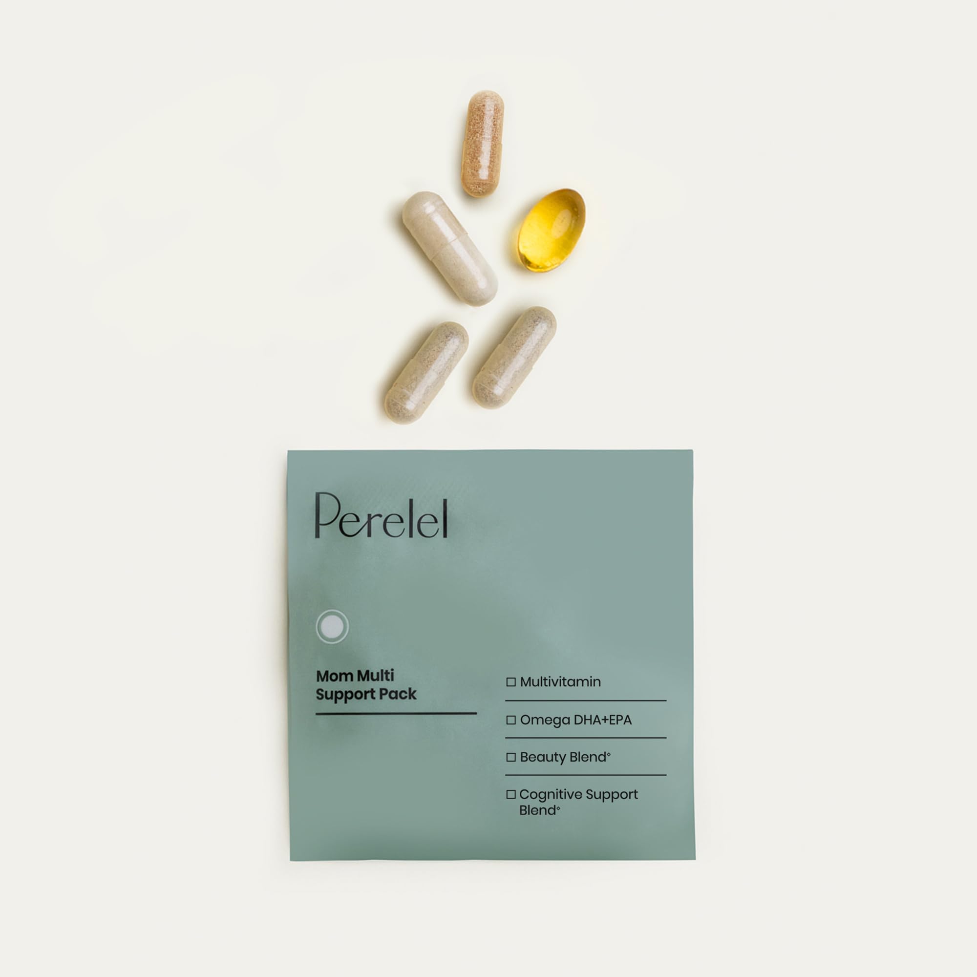 Perelel Mom Multi Pack omega DHA capsule view for brain and heart support.