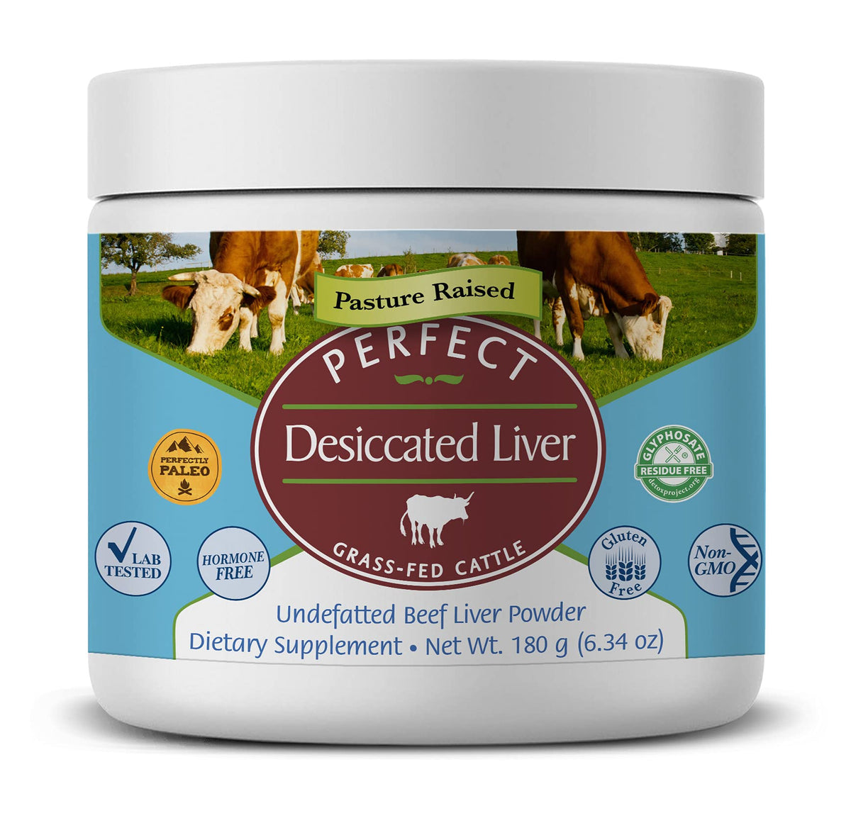 Front view of Perfect Desiccated Liver Powder 180g package