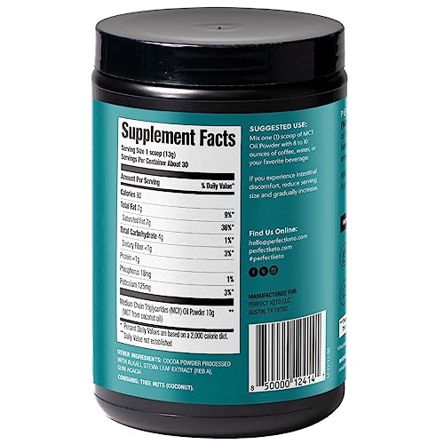 Back of Perfect Keto MCT Oil Powder packaging with nutritional info