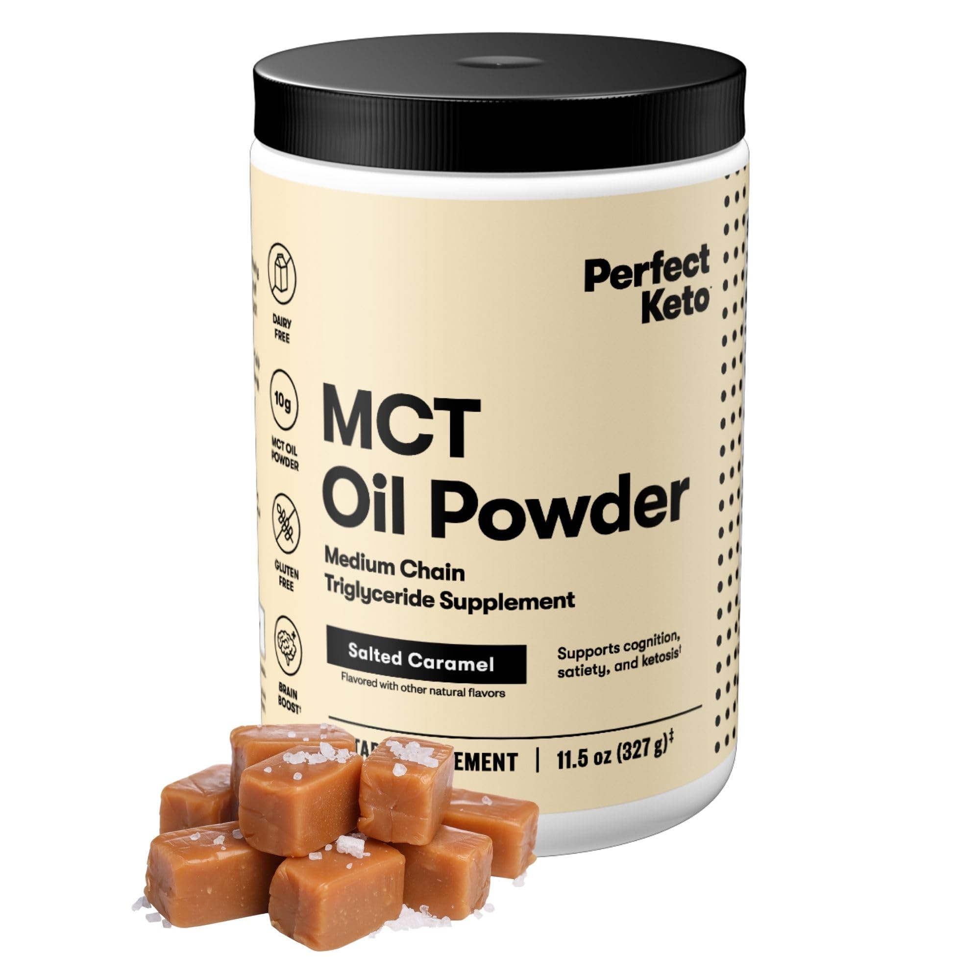 Jar of Perfect Keto Salted Caramel MCT Oil Powder - 30 servings