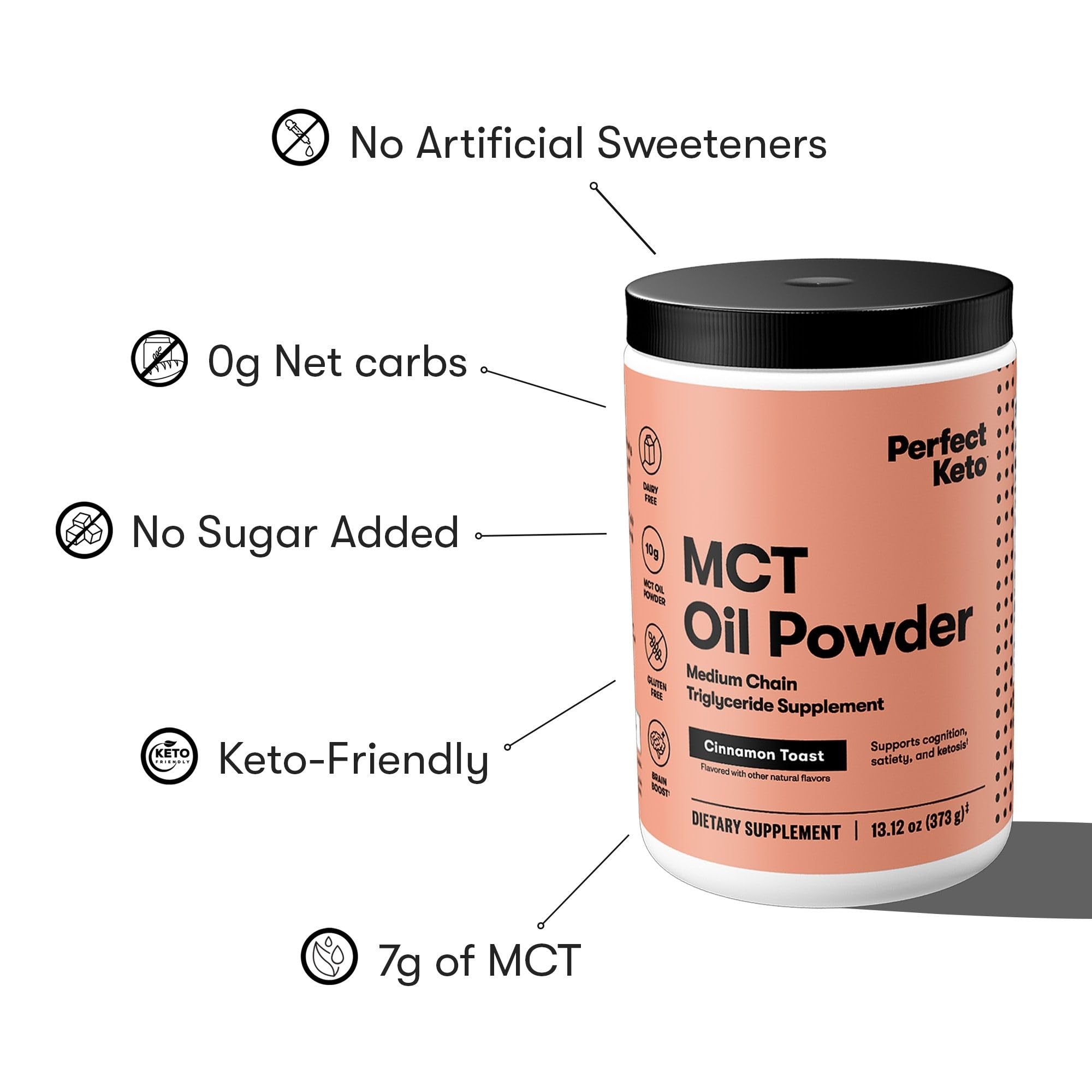 Perfect Keto 7g MCT Oil Powder spoon scoop emphasizes convenient daily use.