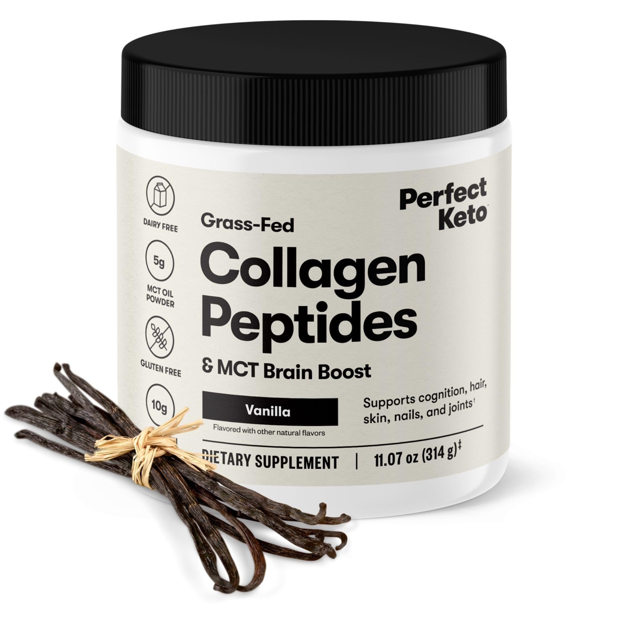 Perfect Keto collagen bottle with MCT oil highlighting grass-fed protein benefits for daily wellness