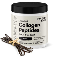 Perfect Keto collagen bottle with MCT oil highlighting grass-fed protein benefits for daily wellness