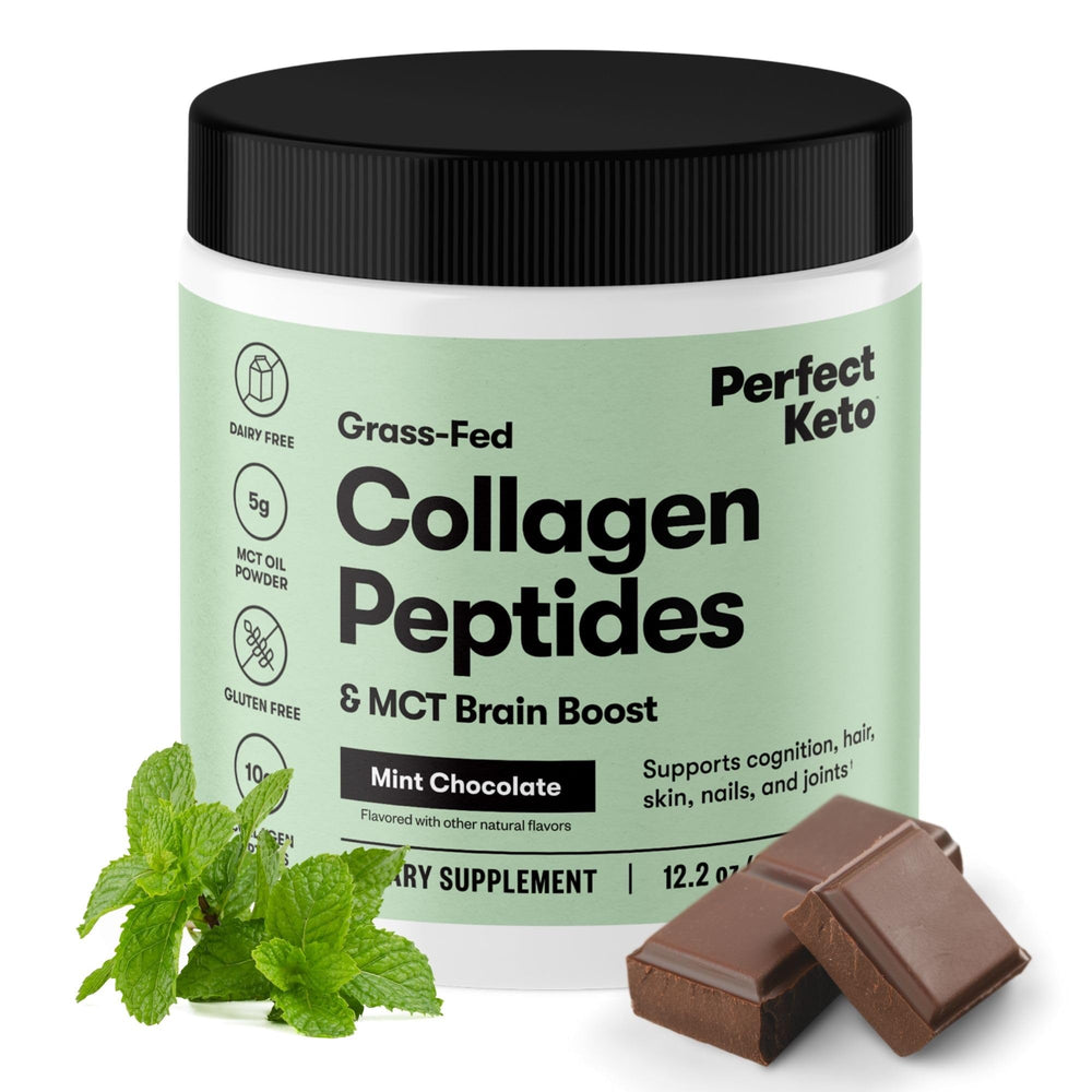 Perfect Keto collagen mint chocolate powder added to a smoothie for a protein boost.