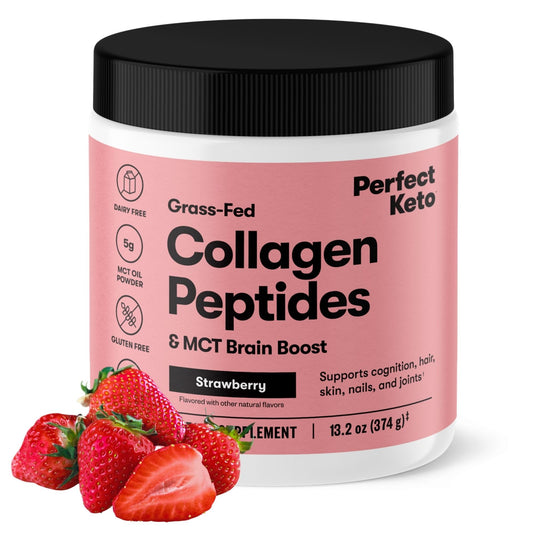 Front view of Perfect Keto Collagen Peptides with MCT Oil Strawberry flavor bottle