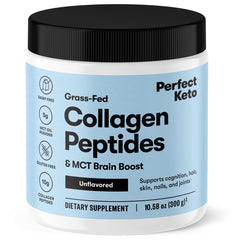 Perfect Keto Collagen Powder bottle beside ingredients, highlighting grass-fed Type I and III collagen.