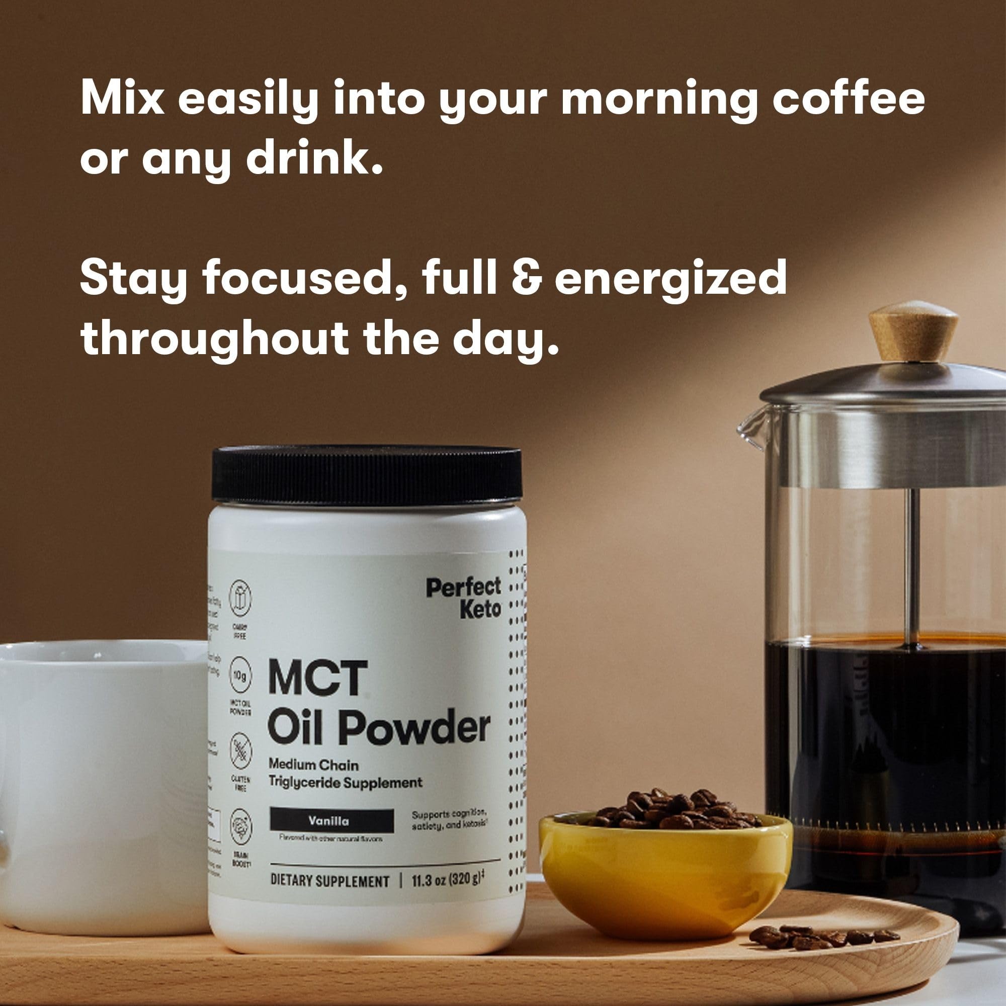 Vanilla Perfect Keto MCT powder blends into tea for dairy-free flavor.