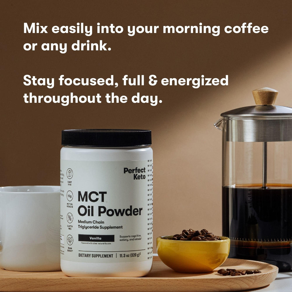 Vanilla Perfect Keto MCT powder blends into tea for dairy-free flavor.